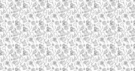 Seamless birthday pattern background with gifts cake balloons and party hats vector art