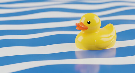 Cute yellow rubber duck floating on wavy blue and white striped water surface