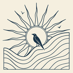 Vector art of a minimalist illustration of a bird perched on a wave with a sun in the background, evoking a sense of tranquility and connection to nature