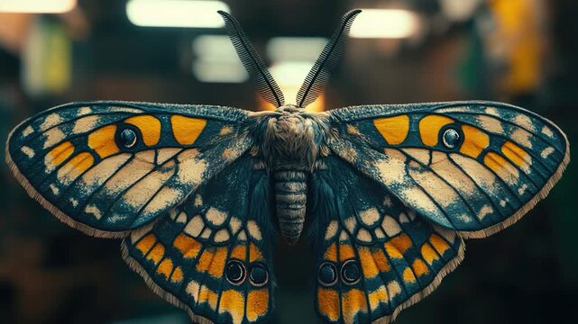 Close-up of a moth perched on a thin string, highlighting its delicate features and the intricate texture of the string