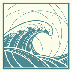 Vector art of a stylized illustration of a large ocean wave with curved lines in the background, evoking a sense of movement and the power of nature in a square frame
