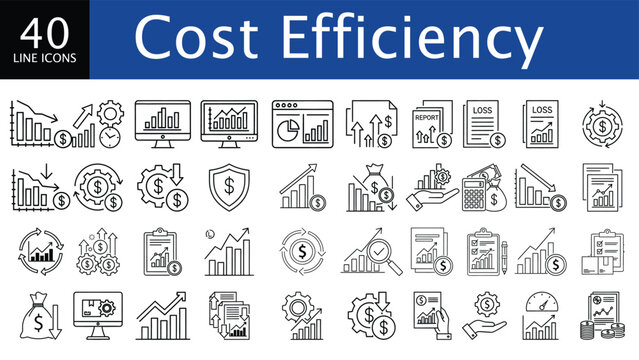 Cost Efficiency Line Icons Vector Set: Financial Management, Business Strategy, and Economic Planning Vector icon set