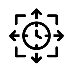 Vector art of clock with arrows pointing in all directions symbolizes time management, efficiency, and the ability to handle multiple tasks simultaneously