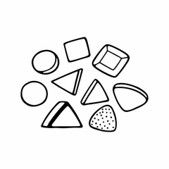 Vector art of handdrawn geometric shapes, a playful arrangement of circles, squares, triangles, and more, perfect for adding a creative touch