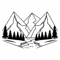 Vector art of majestic mountain range with towering peaks, lush pine forest, and a winding river, a striking black and white illustration