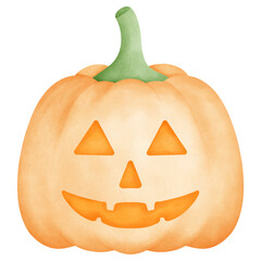 Halloween Jack-o-lantern pumpkin smiling brightly with carved triangle eyes watercolor Illustration.