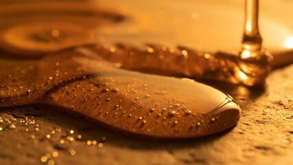 Honey pouring and dripping, close-up view of golden liquid stream with bubbles and reflections, showing natural sweetness and viscous texture. - Powered by Adobe