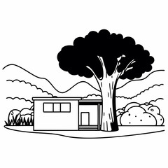 Vector art of modern house nestled beside a large tree, a minimalist landscape illustration perfect for architectural designs and nature themes