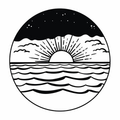 Vector art of minimalist ocean sunset illustration featuring a radiant sun, gentle waves, and a starry sky, creating a serene and captivating scene