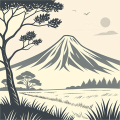 Vector art of scenic landscape illustration featuring a majestic mountain, a solitary tree, and a serene field, evoking a sense of tranquility and natural beauty