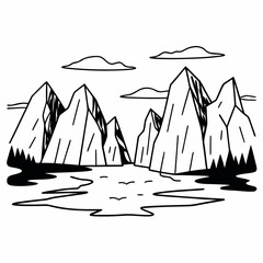 Vector art of serene mountain landscape with jagged peaks, tranquil lake, and scattered clouds, a captivating black and white illustration