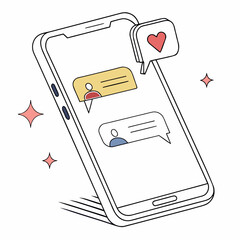 Vector art of smartphone with messages and heart icon, symbolizing communication, love, and modern technology, perfect for digital marketing and social media
