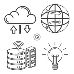 Vector art of set of cloud computing and networking icons, representing global connection, data transfer, and innovative solutions