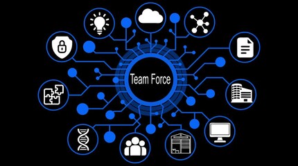 Team Force interconnected network of icons representing innovation security collaboration data and business growth on a dark background digital concept - Powered by Adobe