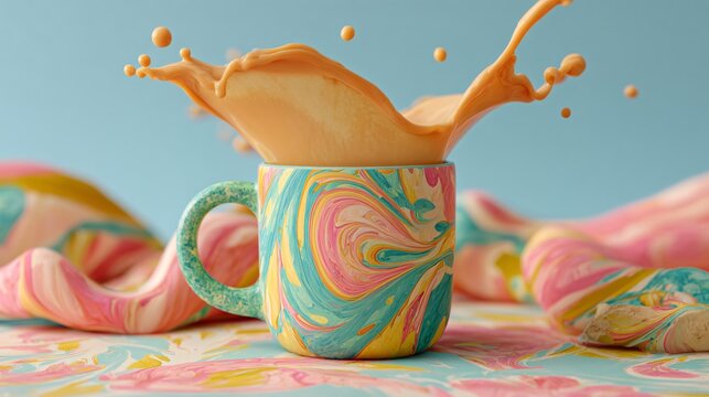 Vibrant liquid splash erupts from a colorful marbled mug, creating a dynamic burst of energy and joy in a playful, artistic setting