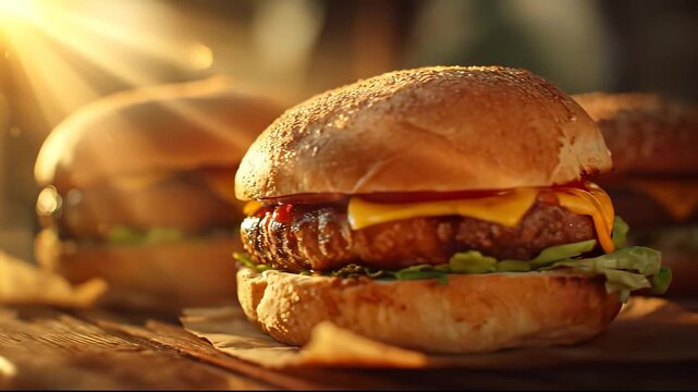 Two burgers with juicy beef patty and cheese sit on a wooden table, and beef patty shines under warm sunlight. Each burger has beef patty, cheese, and crispy lettuce.