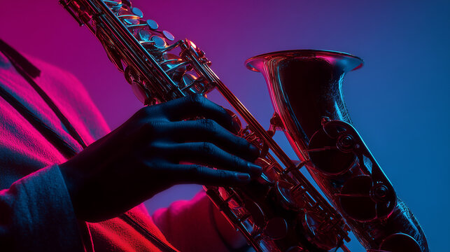 Close-up of a musician’s hands playing an alto saxophone under dramatic neon lighting in blue and magenta tones. Modern studio backdrop. - Powered by Adobe
