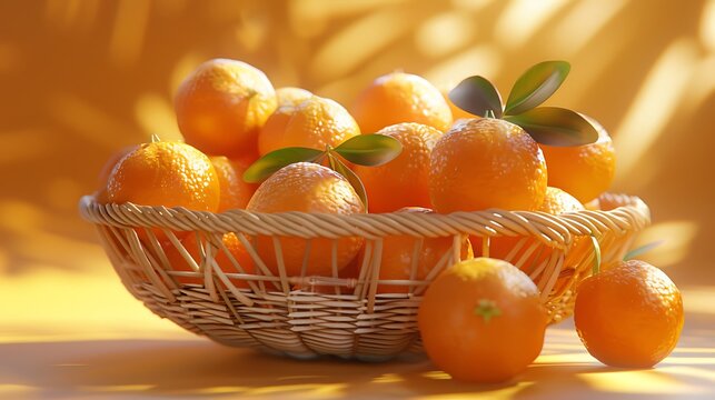 Wicker basket overflowing with fresh oranges and green leaves Keywords: oranges, orange, citrus - Powered by Adobe
