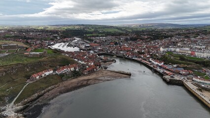 Aerial drone view Whitby Abbey north yorkshire seaside british english north east england town uk harbour port