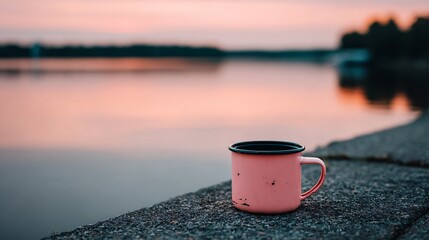 Serene pink enamel mug rests on textured stone overlooking tranquil water at soft sunset dusk
