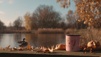 Serene autumn morning lakeside scene with warm mug and pastry surrounded by fallen leaves, offering a peaceful escape and cozy moment.