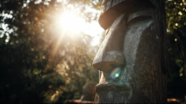 The Moai statue stands solemnly as sunlight illuminates the Moai statue's carved features in a forest. The Moai statue, surrounded by trees, gazes into the distance.