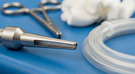 Medical instruments and equipment on a blue surface, close-up shot.