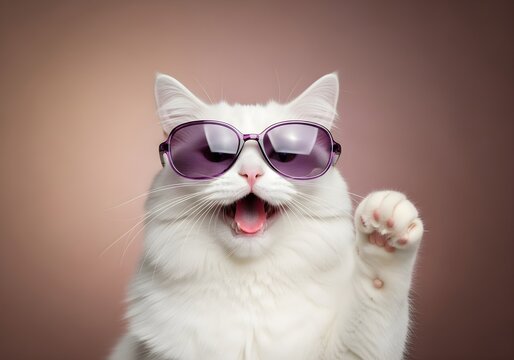 A cool fluffy white cat wearing purple sunglasses with a happy expression and a raised paw.