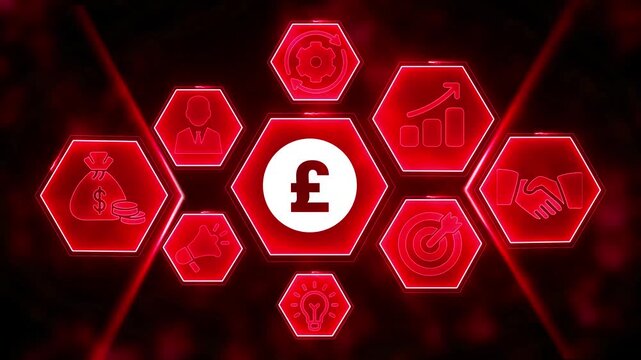 Red Hexagonal Infographic Network With Central British Pound Symbol And Business Icons finance - Powered by Adobe