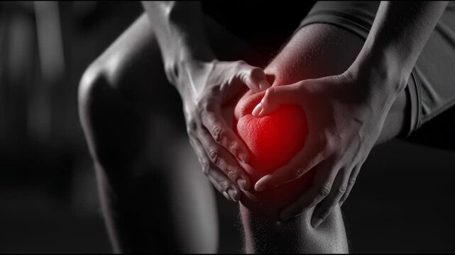An athlete in a gym holds their knee in obvious discomfort. The red highlight indicates the painful area. This moment captures the struggle athletes may face during training
