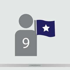 Modern abstract icon of a person holding a blue flag with a white star and the number nine for concepts of leadership or achievement