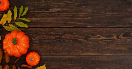 Autumn composition with pumpkins and fallen colorful leaves on brown wooden background with place for text. 4K looped stop motion animation