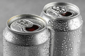 Refreshing silver aluminum cans with droplets, perfect for warm days