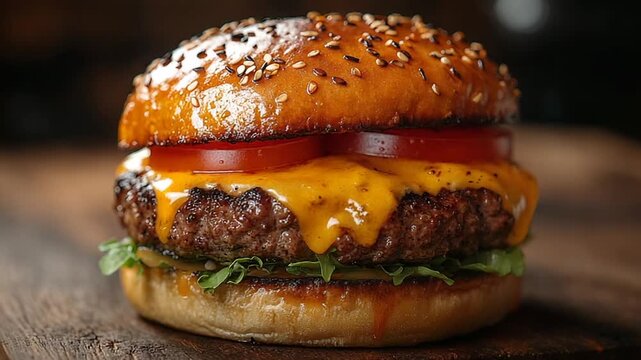 Delicious Juicy Cheeseburger with Melted Cheddar on a Wooden Table.