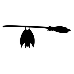 Logo con silueta de murciélago colgando de una escoba de bruja para felicitaciones y tarjetas de Halloween © teracreonte
