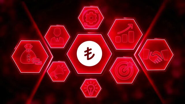 Red Hexagonal Icons Representing Business Concepts With Turkish Lira Symbol In Center finance economy