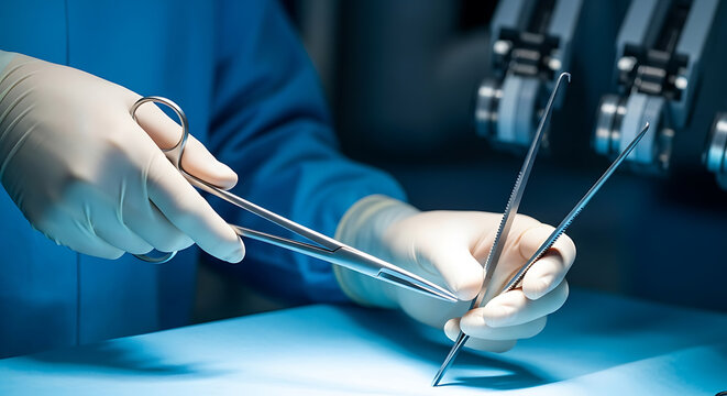 Surgical instruments in use during a medical procedure in operating room.