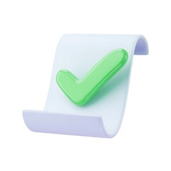 3D Cartoon Document with Green Checkmark, White Paper, Pastel Plastic Style, Smooth Glossy Render, Isolated on White Background