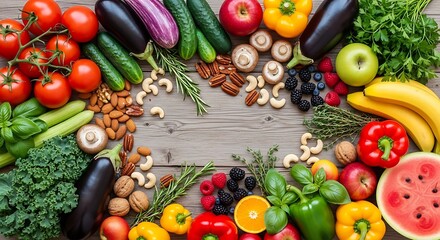 Assortment of fresh vegetables fruits and nuts arranged on a wooden surface top down view flat lay