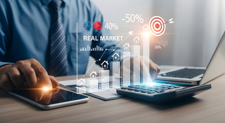 Business analyst working on financial data with digital charts and graphs overlay