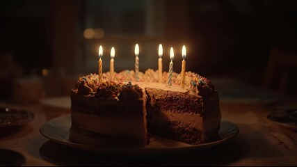 The birthday cake is topped with lit candles on the birthday cake, casting a warm glow. Bright sprinkles cover the birthday cake, adding color to the celebration atmosphere. - Powered by Adobe