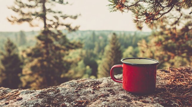 Savoring a warm drink amidst serene forest views, a moment of peaceful solitude and outdoor escape.