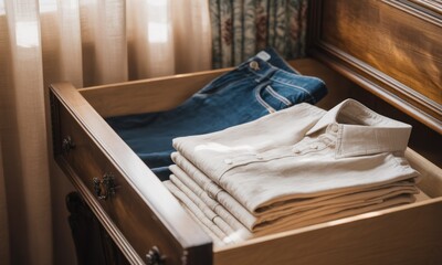 Open drawer, folded clothes, sunlight streams