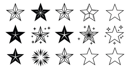 Collection of diverse black and white star shapes and sparkling designs