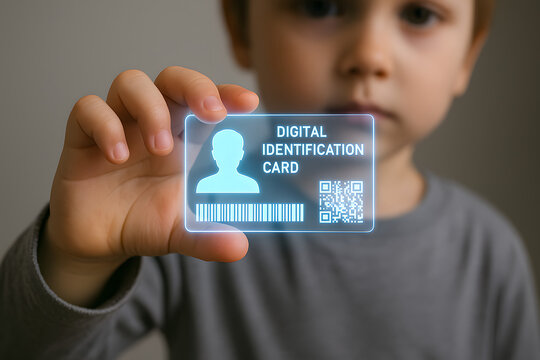 Boy kid showing glowing digital ID card hologram. Symbol of digital generation, virtual identity, cyber world and modern data protection.