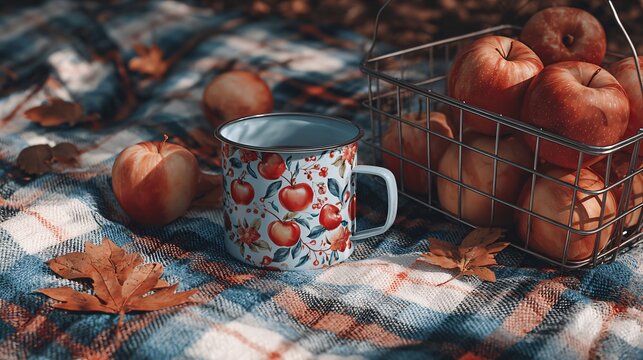 Cozy autumn picnic with ripe apples, warm plaid blanket and a charming apple-themed mug for a comforting outdoor experience in nature
