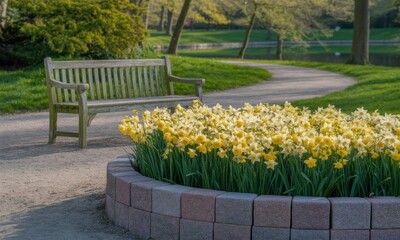 Park path, bench, daffodils, spring