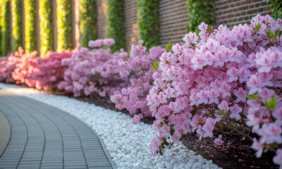 Pink azaleas line a curving pathway.  Sunlight filters through greenery
