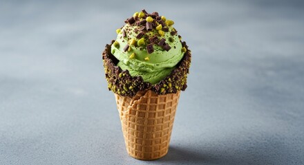 Pistachio ice cream in a waffle cone, topped with chocolate sprinkles