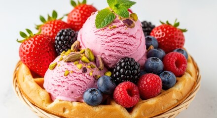 Pink ice cream scoops topped with pistachios, nestled in a waffle bowl filled with fresh berries and strawberries